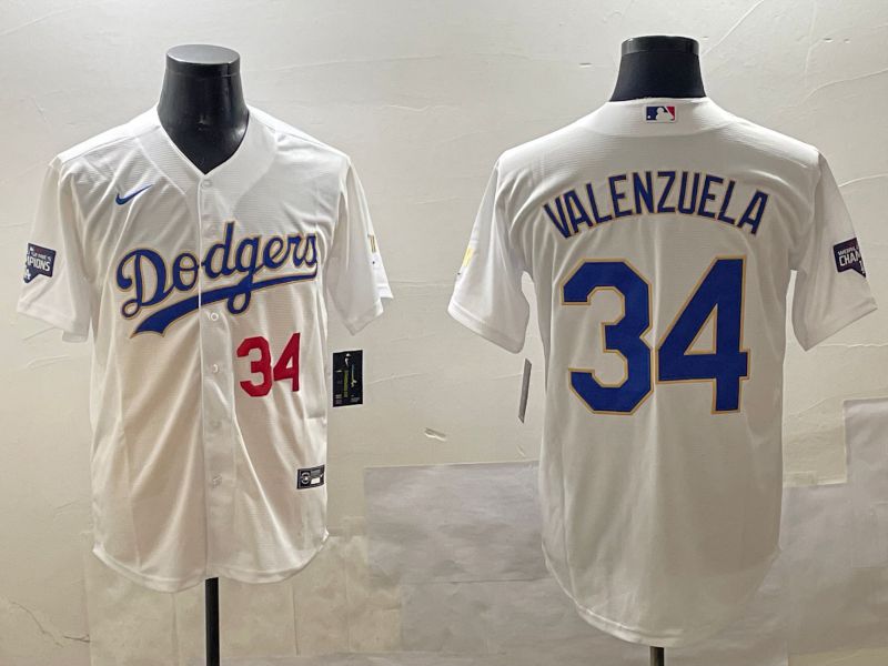 Men Los Angeles Dodgers #34 Valenzuela White blue Gold Game 2025 Nike MLB Jersey style 15->los angeles dodgers->MLB Jersey